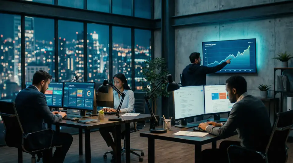 Agency team working late in a modern office with analytics dashboards